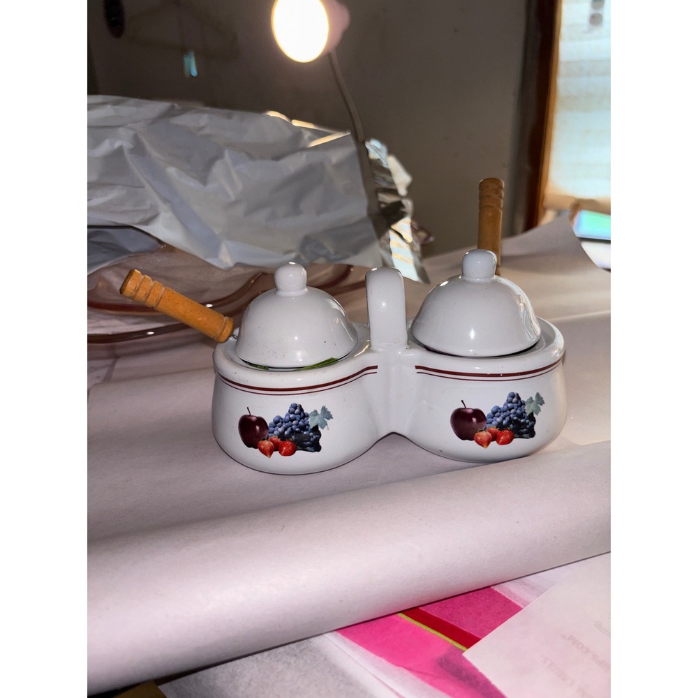 Houston Harvest Fruit Ceramic Double Condiment Server with Lids and Spoons